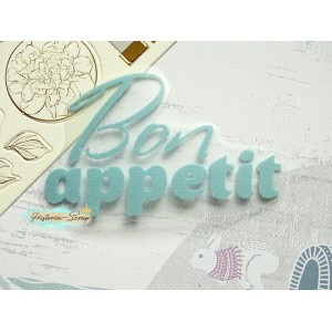 Надпись из термотрансфера "Bon appetit", цвет голубой флок, ширина 82 мм